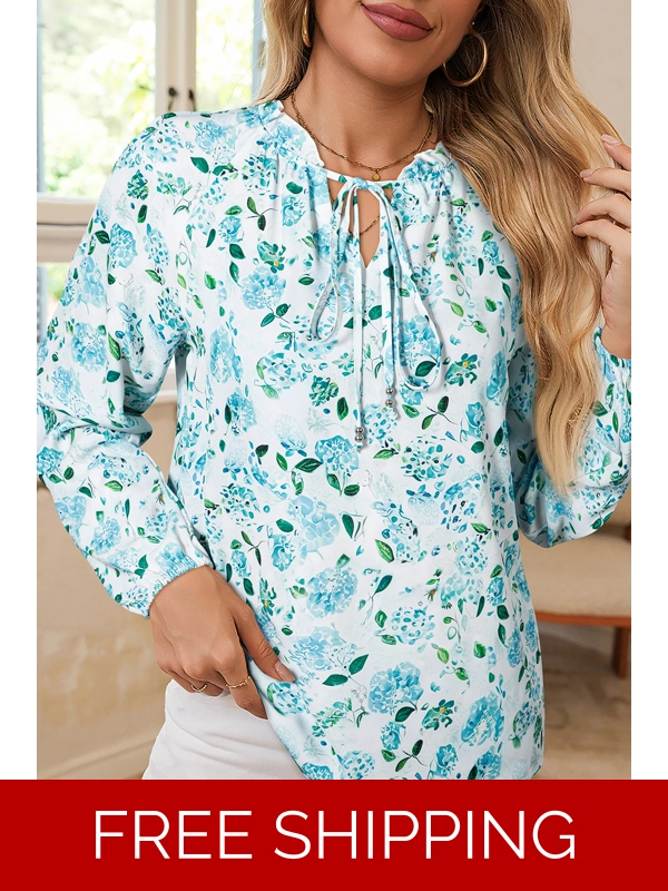 Sky Blue Floral Print Frilled Trim Tie Neck Elastic Cuffs Long Sleeve Blouse